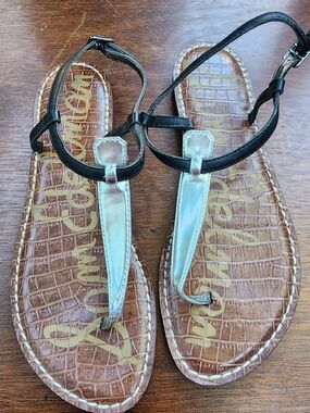 Sam Edelman Gigi Black Silver Metallic T-Strap Flat Thong Sandal Croc Embossed